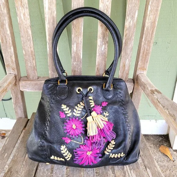 ISABELLA FIORE Black Leather Floral Shoulder Bag - Picture 1 of 9
